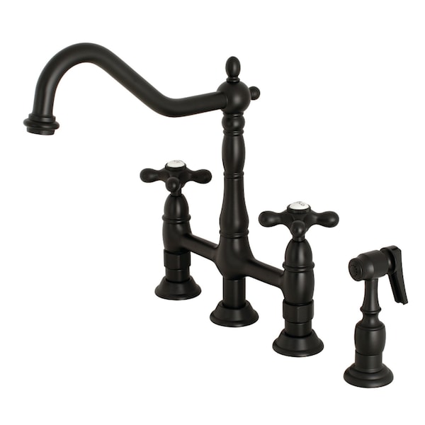 KS1270AXBS Heritage Bridge Kitchen Faucet W/ Brass Sprayer, Matte Black
